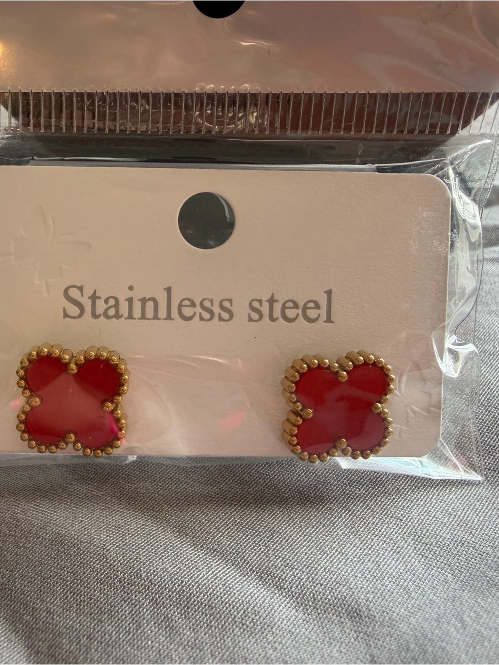 Gold-Trim Red Clover Stainless Steel Stud Earrings